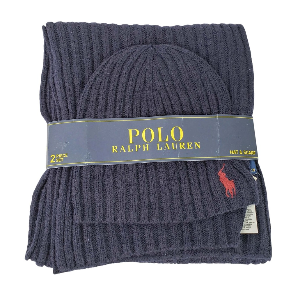 Polo Ralph Lauren Beanie Hat Scarf Set Wool Navy Blue Ribbed Knit Pony Logo New